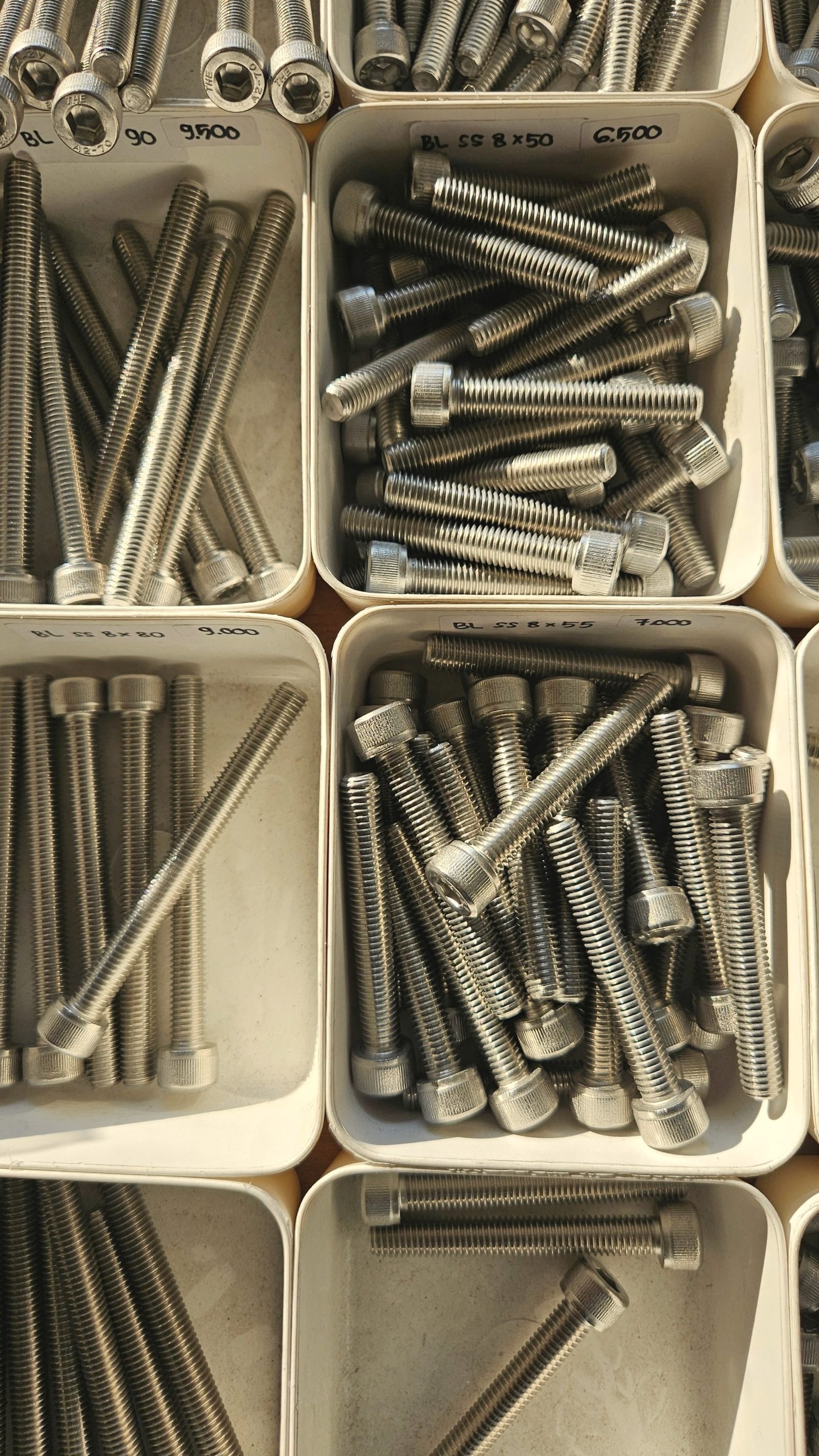 Long bolts standing in white storage bins